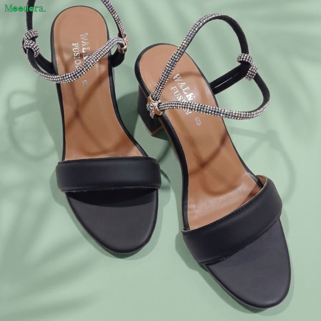 Moodora Women’s Black Rhinestone Block Heel Sandals