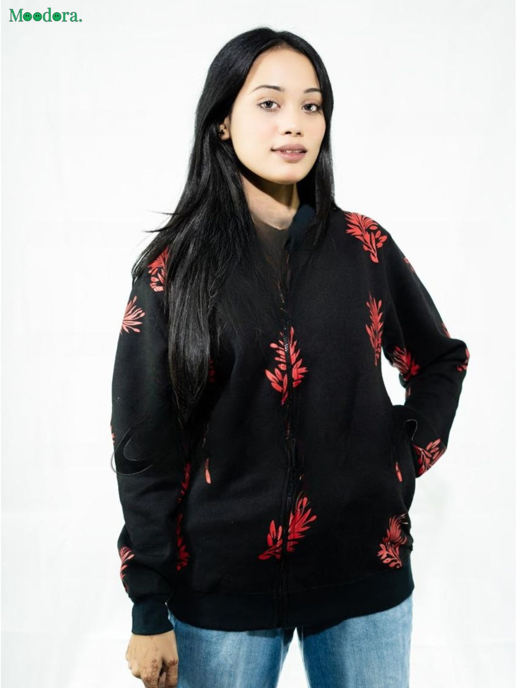 Moodora Winter Collection Red Leaf Print Jacket for Women