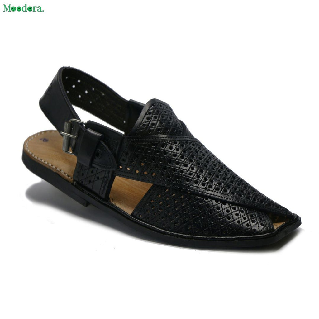 Moodora Jali Design Black Leather T-Shape Peshawari Chappal – Slim Sole Traditional Style