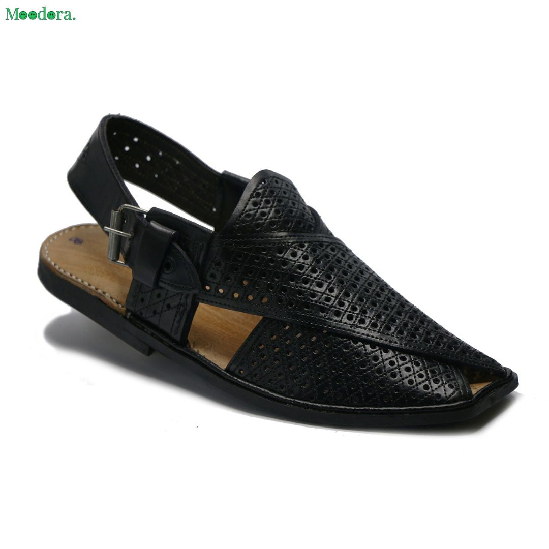 Moodora Jali Design Black Leather T-Shape Peshawari Chappal – Slim Sole Traditional Style