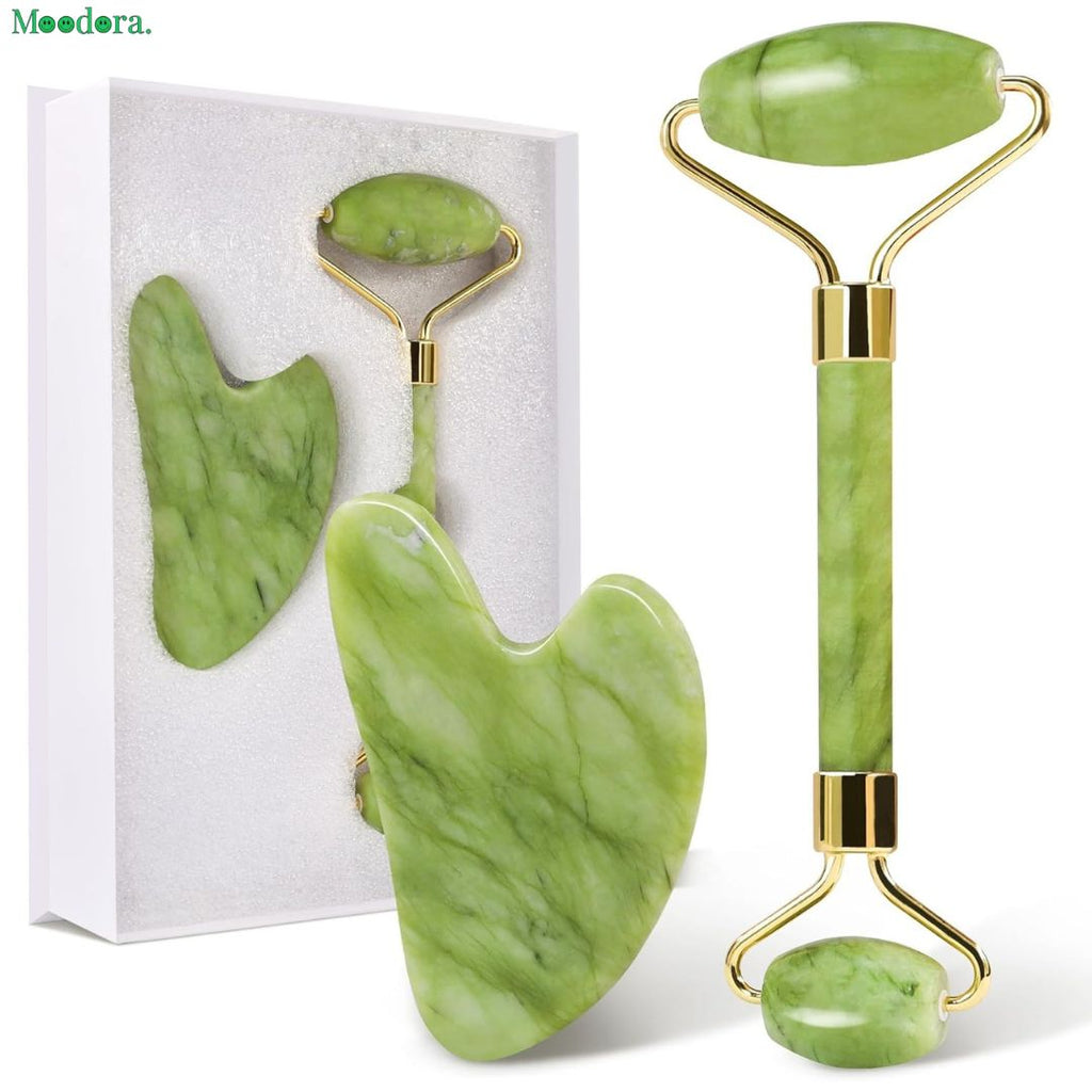 Moodora Jade Roller Facial Massager Set with Gua Sha Tool