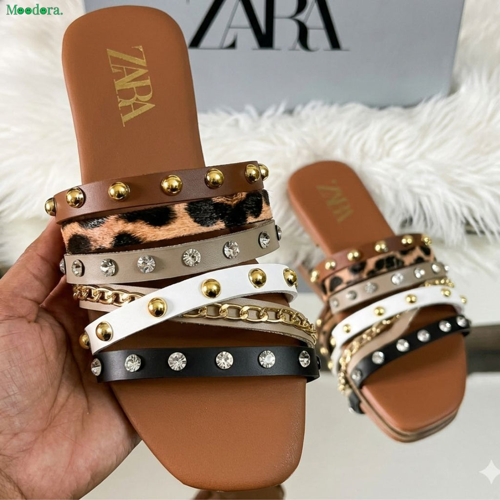 Moodora Trendy Brown Multi-Strap Flat Slippers with Studs &amp; Stones