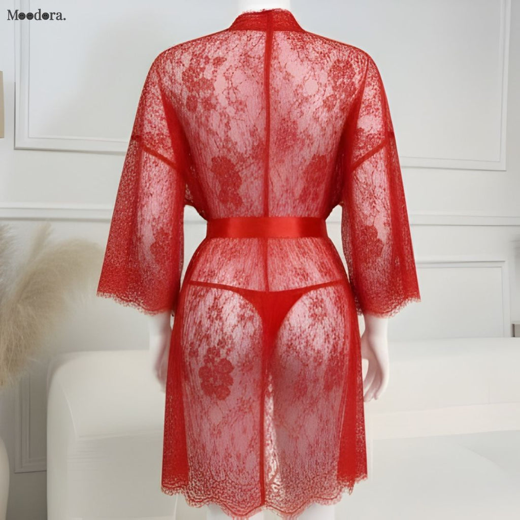 Moodora 3 Piece Lace Net Gown Set – Robe, Bra & Panty
