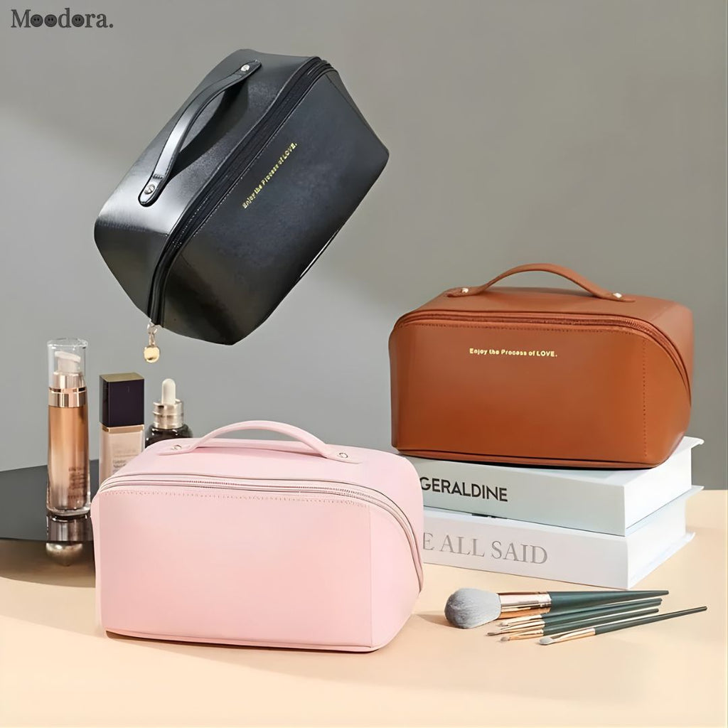 Moodora Large Capacity Leather Travel Cosmetic Bag