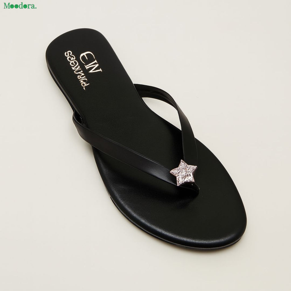 Moodora Elegant Black Star Design Flat Slippers for Women