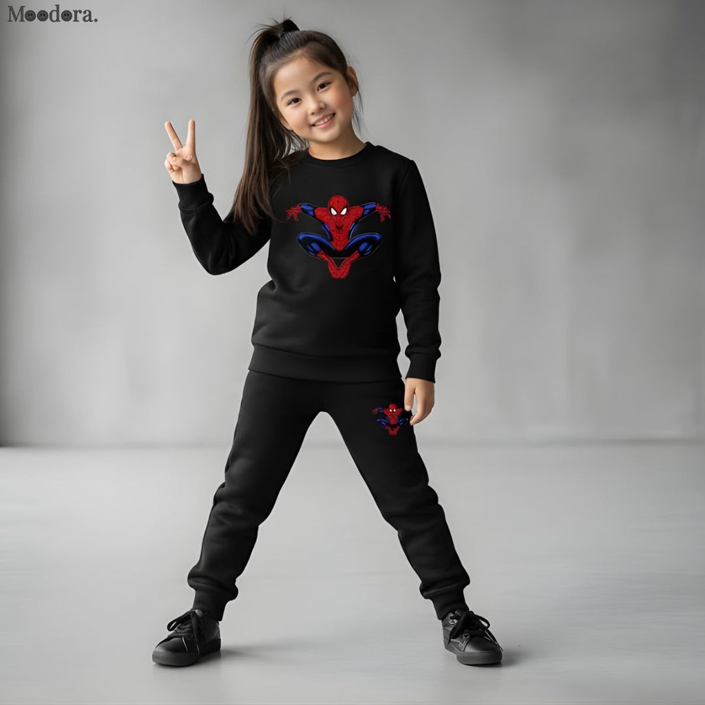 Moodora Kids Spider-Man Printed Black Tracksuit Set – Warm Fleece Sweatshirt & Trouser