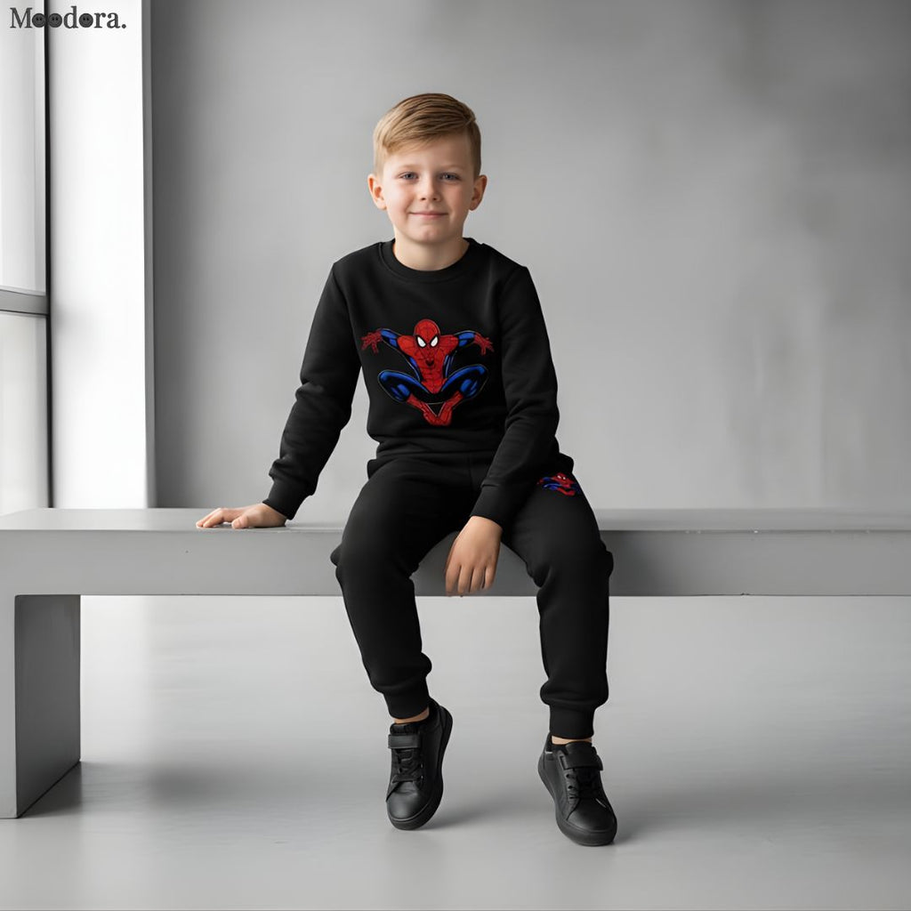 Moodora Kids Spider-Man Printed Black Tracksuit Set – Warm Fleece Sweatshirt & Trouser