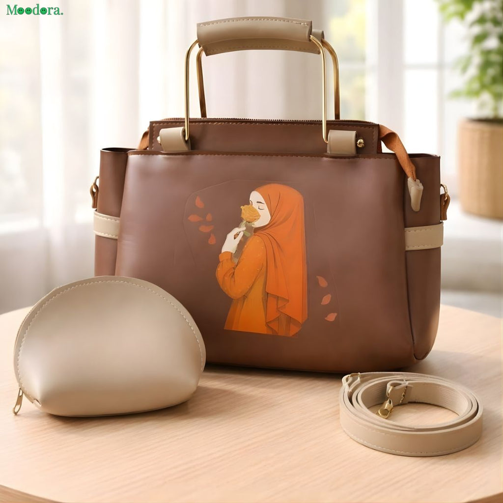 Moodora Printed Women’s Handbag Set – Tote with Strap &amp; Pouch