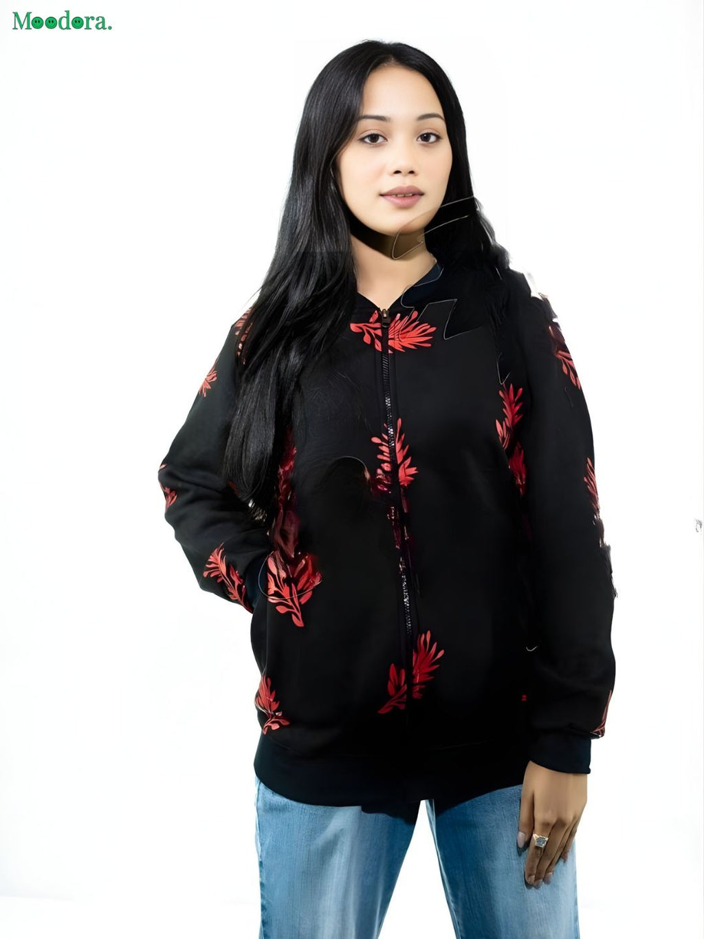 Moodora Winter Collection Red Leaf Print Jacket for Women