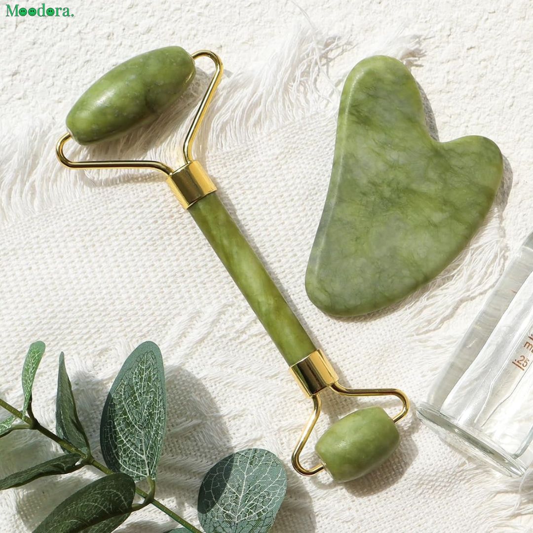 Moodora Jade Roller Facial Massager Set with Gua Sha Tool