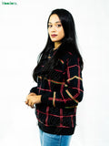Moodora Winter Collection Red & Green Lining Print Jacket for Women
