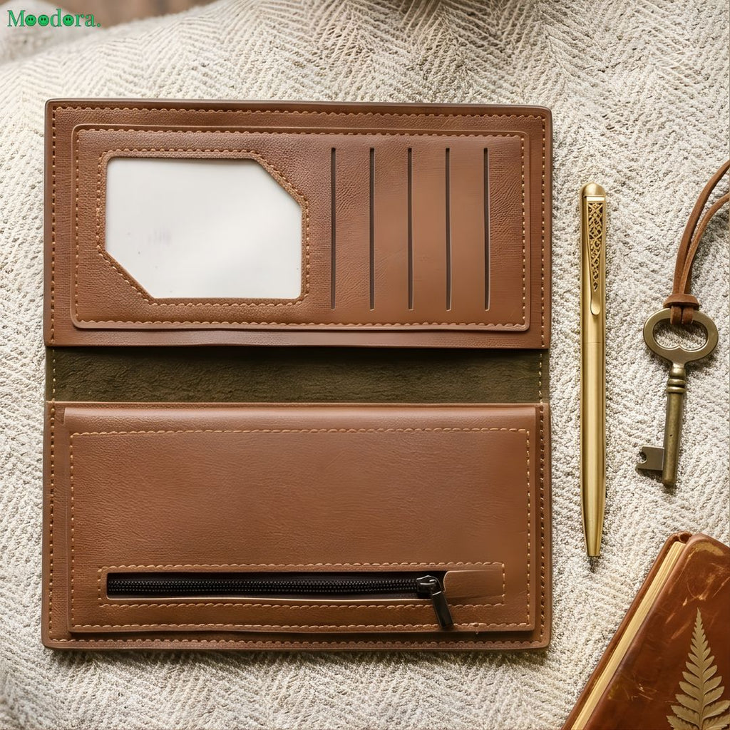 Moodora Premium Leather Long Wallet for Men – Stylish Slim Check Pattern Wallet