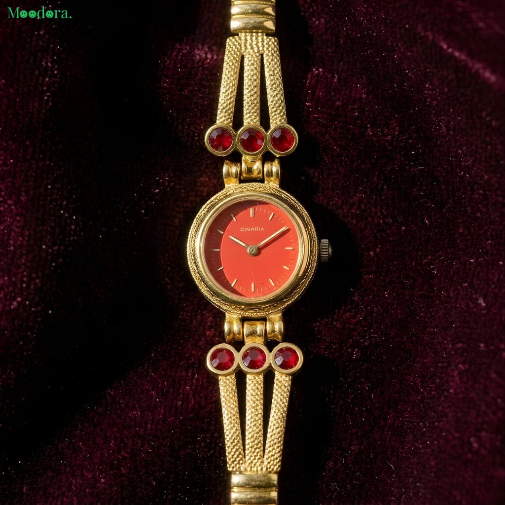 Moodora Vintage Gold Bracelet Watch for Women – Ruby Red Crystal Dial