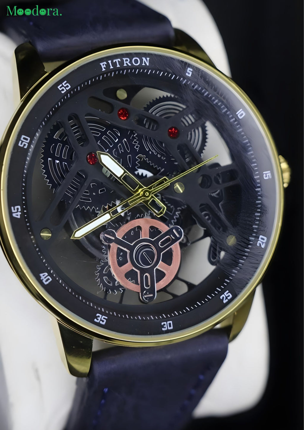 Moodora Fitron Classic Chrono – Minimalist Stainless Steel Watch with Genuine Leather Strap (Without Box)