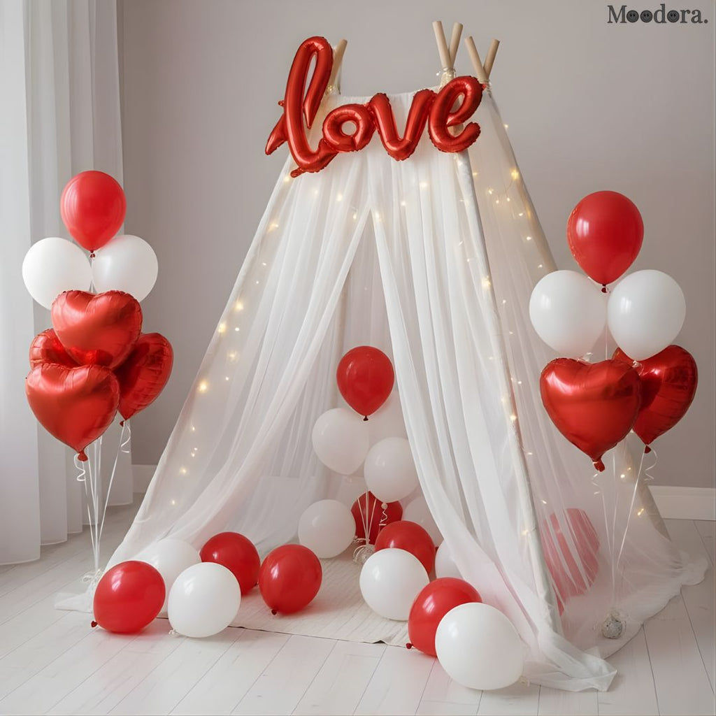 Moodora 32 PCS Romantic Tent Decoration Set – Balloons, Heart Foils & LED Lights