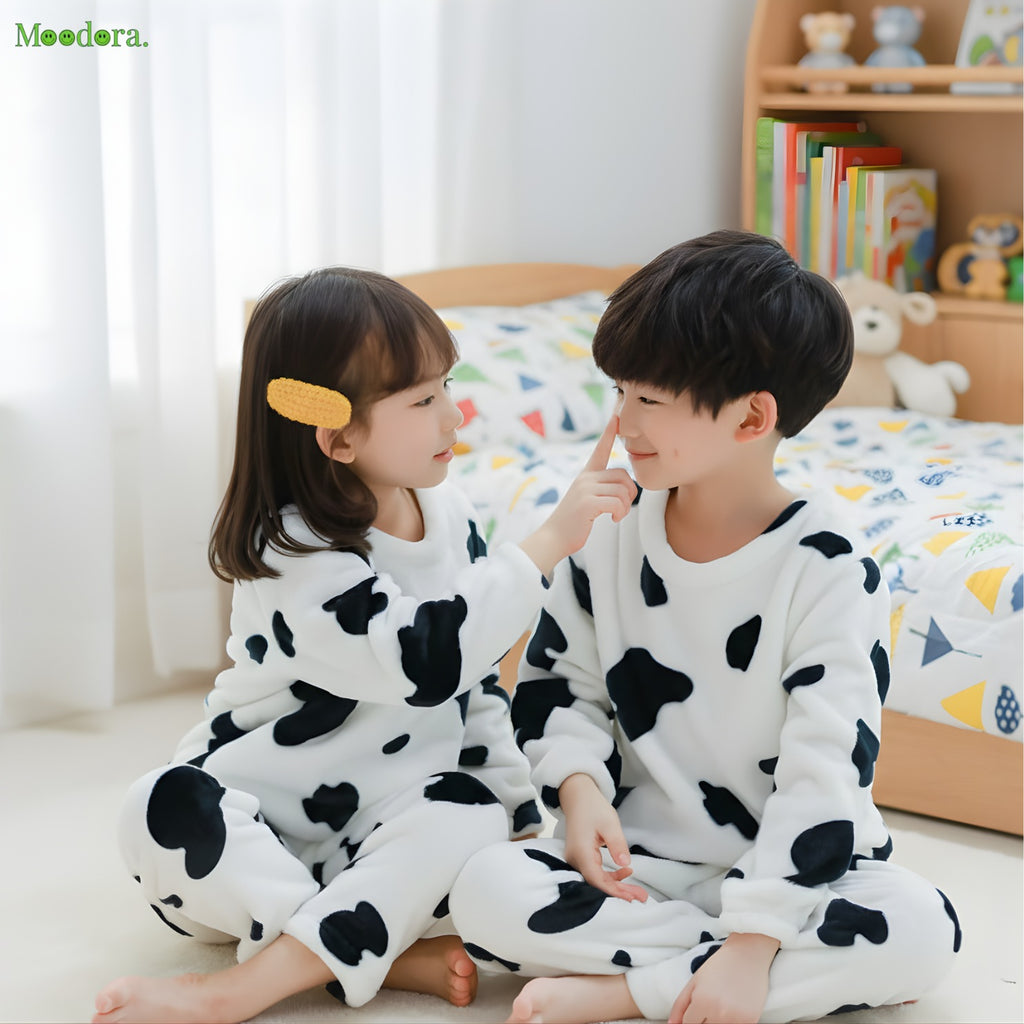 Moodora Ultra-Soft Cow Print Kids Pajama Set – Plush Fleece Winter Sleepwear