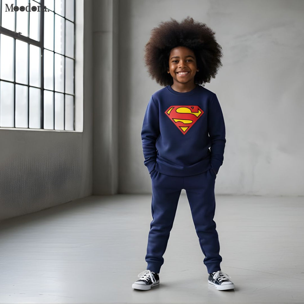 Moodora Superman Printed Kids Fleece Tracksuit – Warm Sweatshirt & Trouser Set