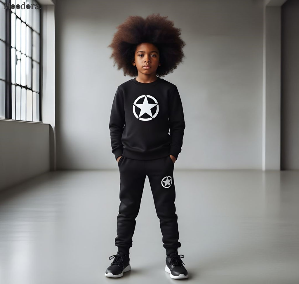 Moodora Kids Star Printed Black Tracksuit Set – Warm Fleece Sweatshirt & Trouser