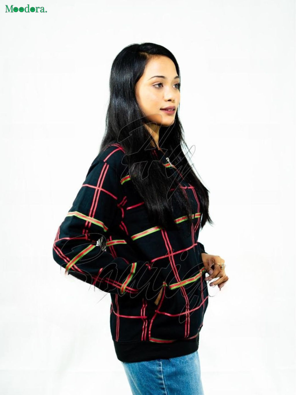 Moodora Winter Collection Red & Green Lining Print Jacket for Women