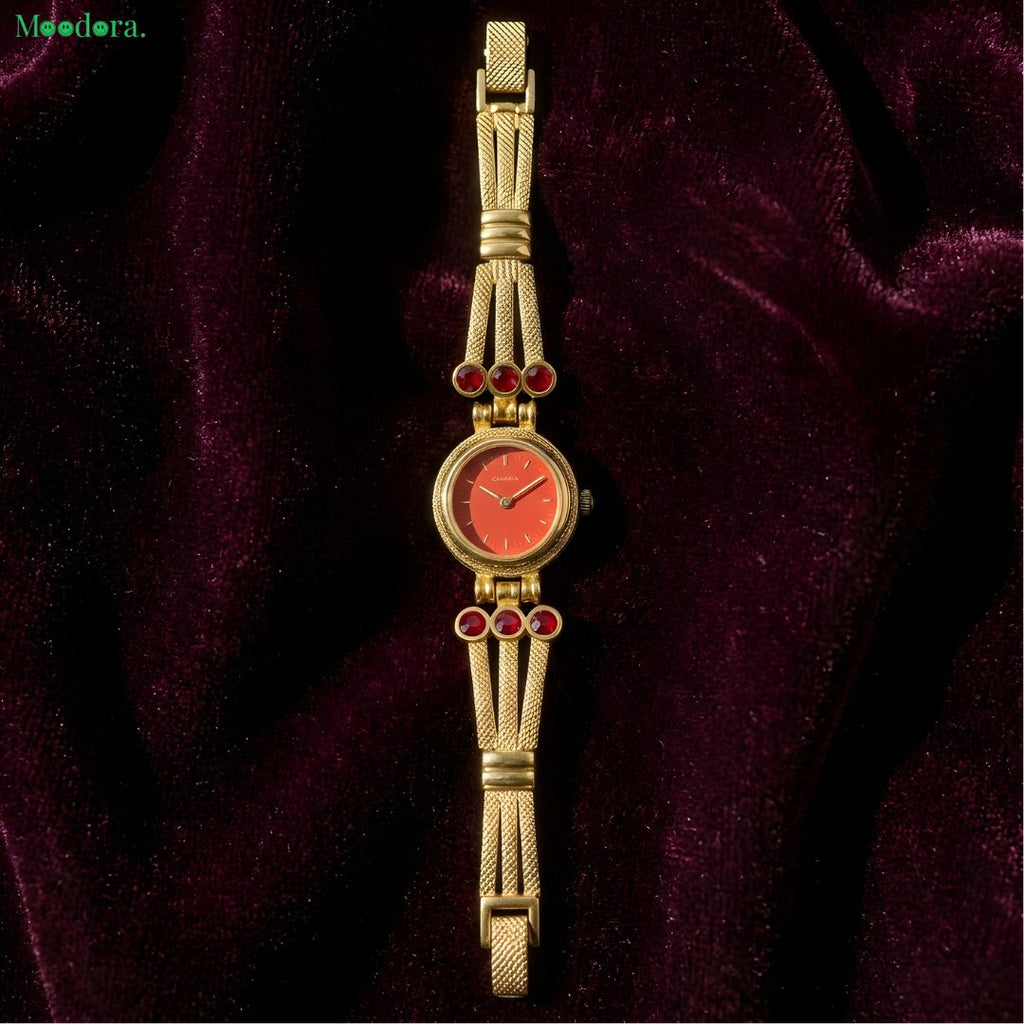 Moodora Vintage Gold Bracelet Watch for Women – Ruby Red Crystal Dial