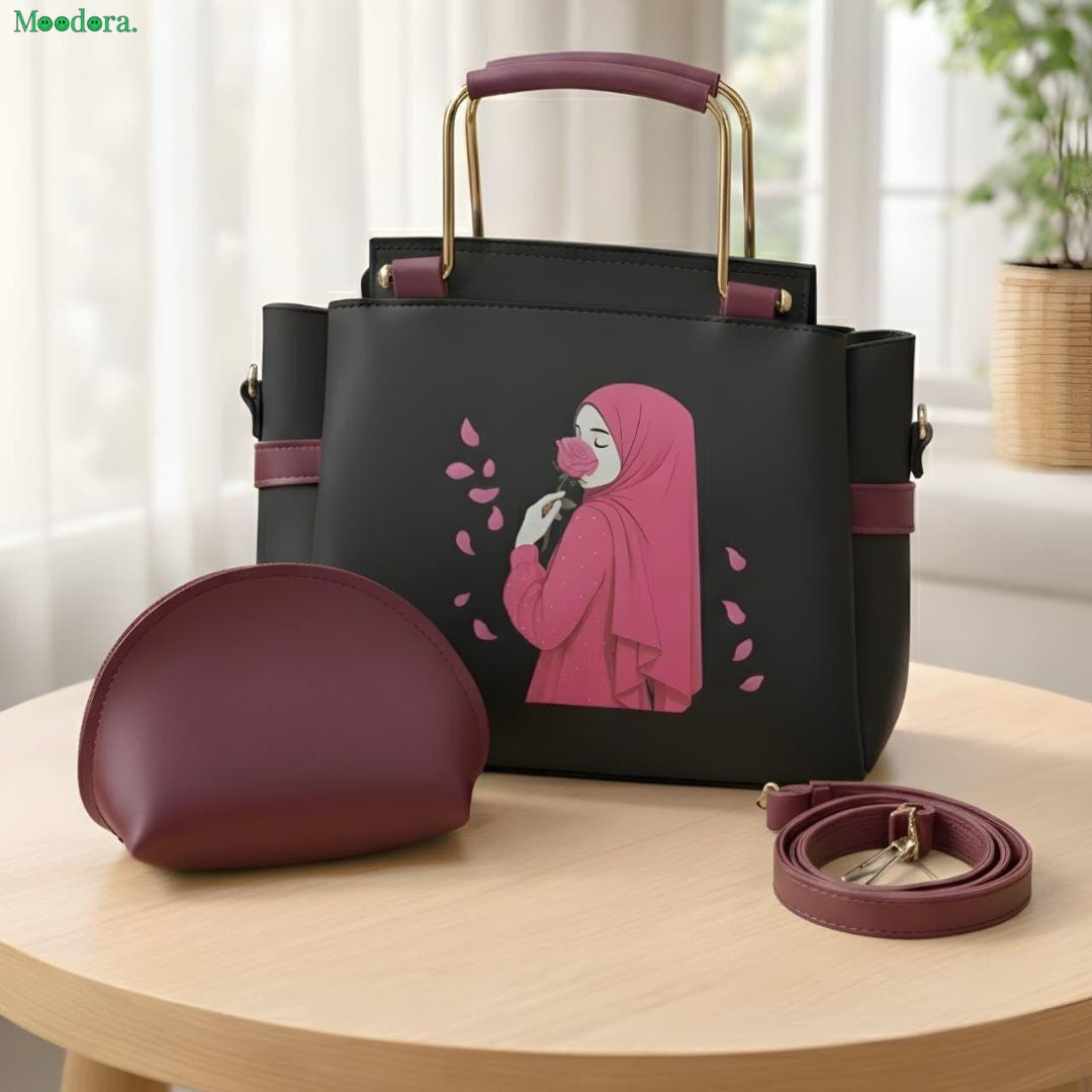 Moodora Printed Women’s Handbag Set – Tote with Strap &amp; Pouch