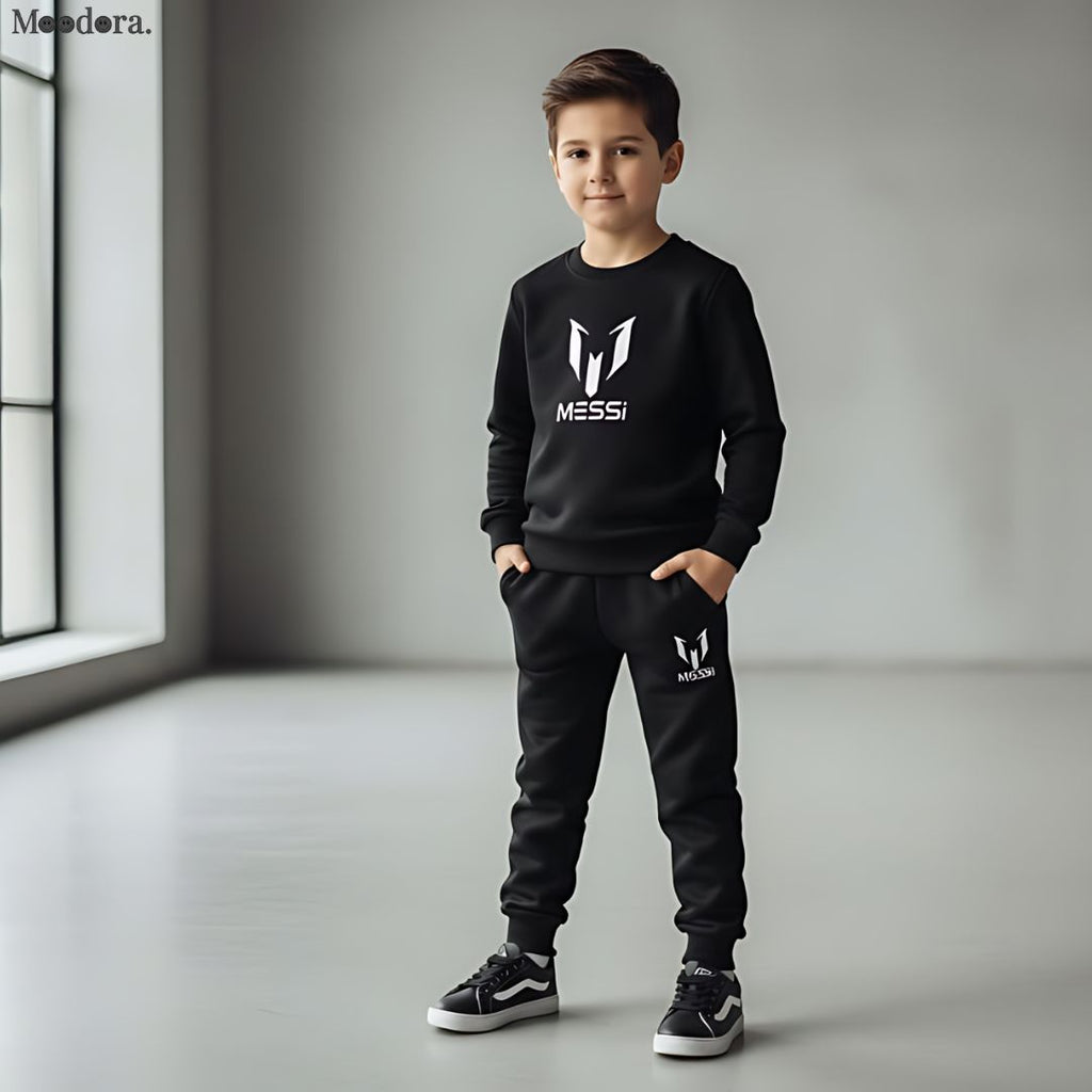 Moodora Kids Missi Printed Black Tracksuit Set – Warm Fleece Sweatshirt & Trouser
