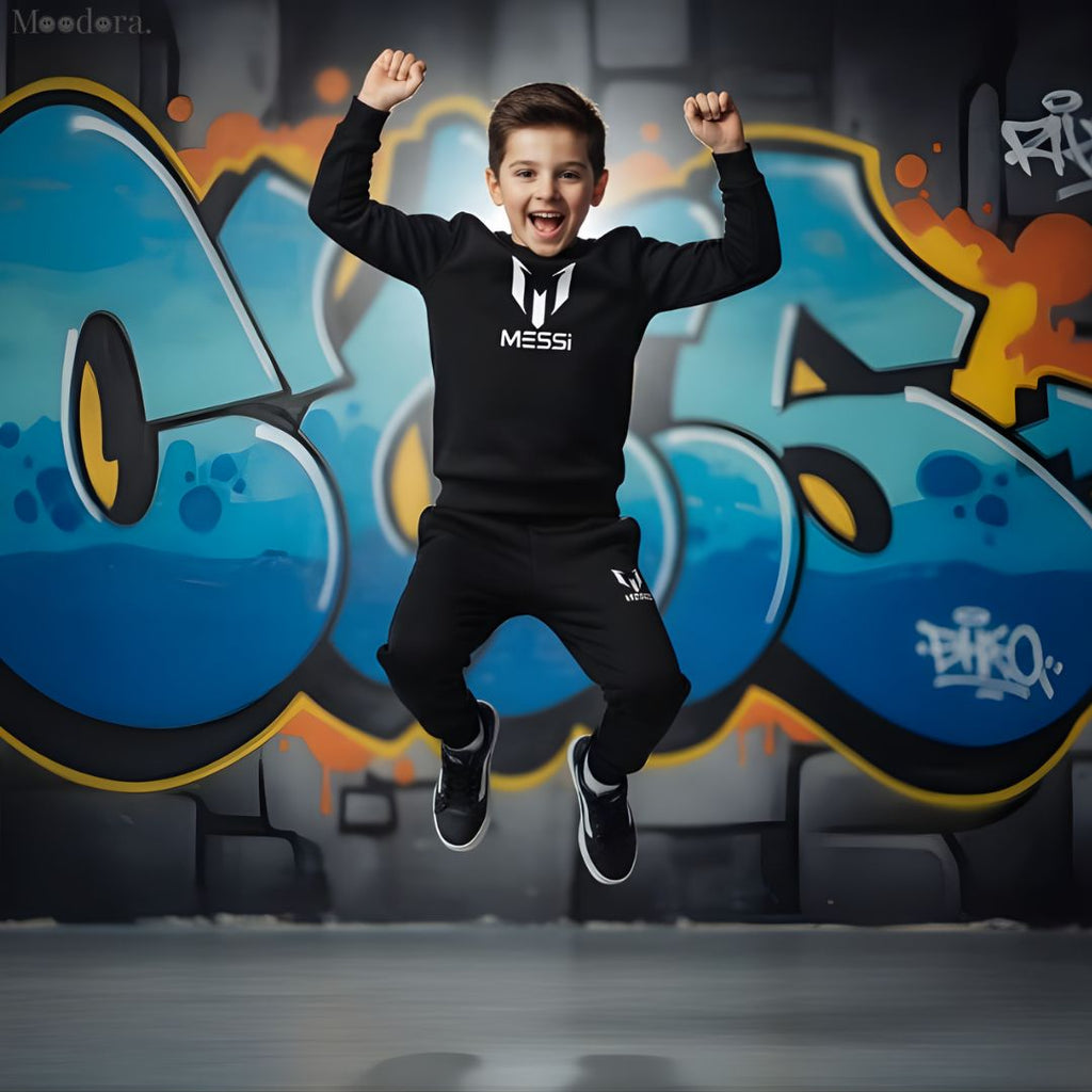 Moodora Kids Missi Printed Black Tracksuit Set – Warm Fleece Sweatshirt & Trouser