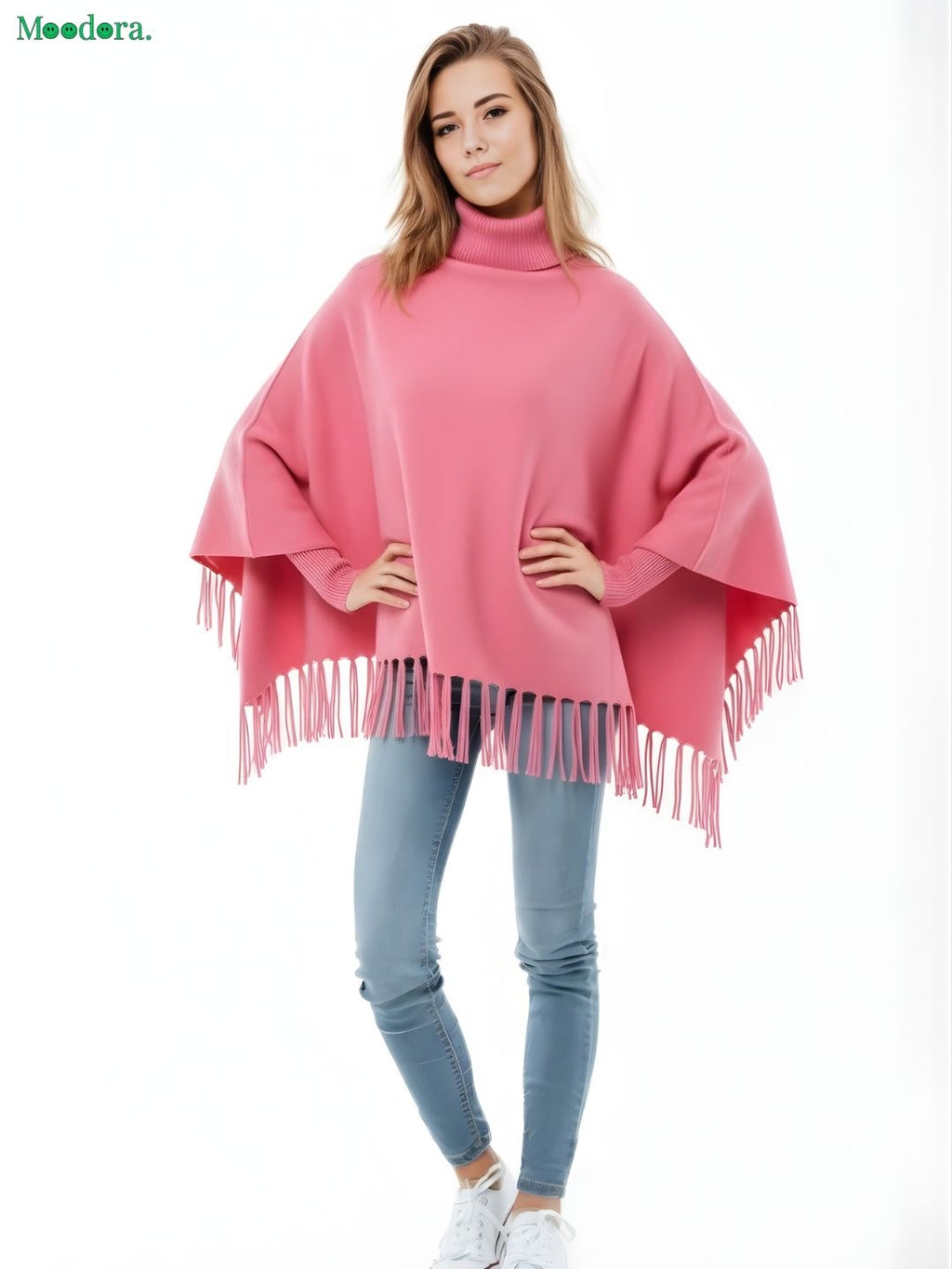 Moodora Girls Winter Fleece Poncho – High Neck Tassel Design (Free Size)