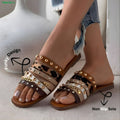 Moodora Trendy Brown Multi-Strap Flat Slippers with Studs &amp; Stones