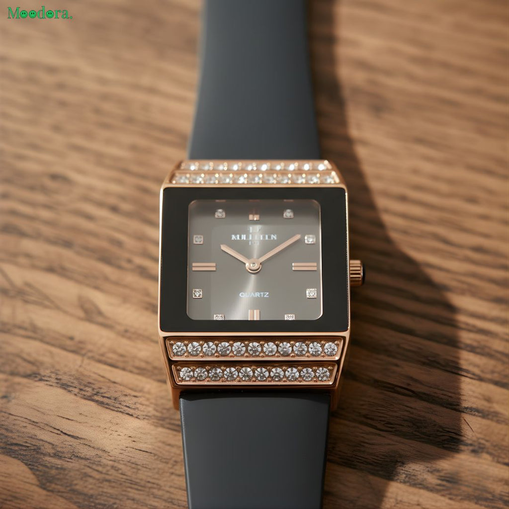 Moodora Midnight Elegance Rose Gold Watch – Crystal Rectangular Women’s Watch