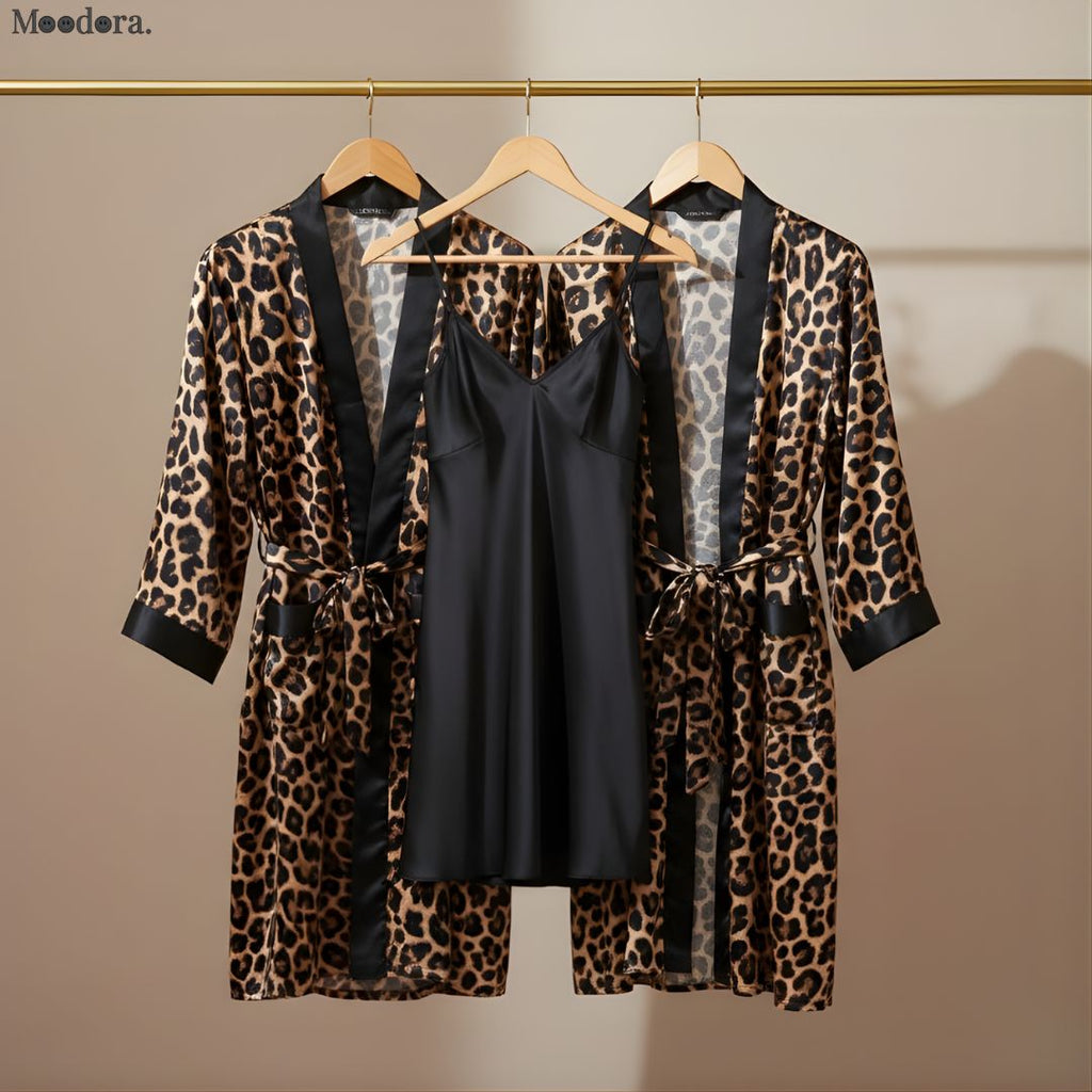 Moodora Couple Leopard Print &amp; Black Satin 4-Pc Sleepwear Set