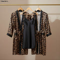 Moodora Couple Leopard Print &amp; Black Satin 4-Pc Sleepwear Set