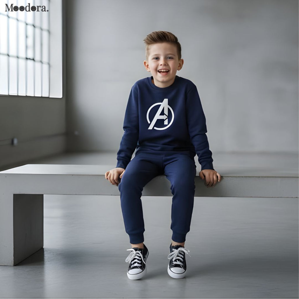 Moodora Avenger Printed Kids Winter Tracksuit – Fleece Sweatshirt & Pajama Set