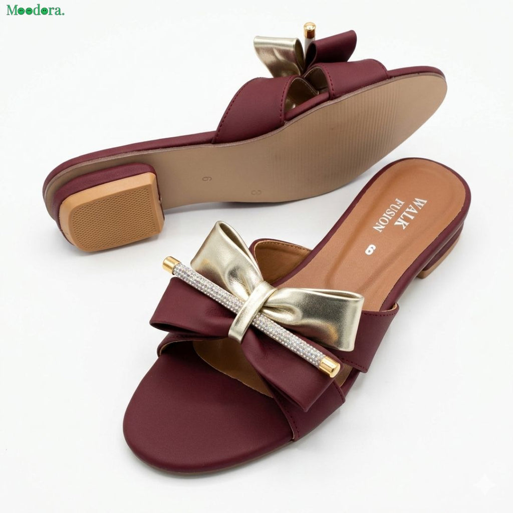 Moodora Stylish Maroon Block Heel Slip-On Slippers with Golden Bow & Rhinestones